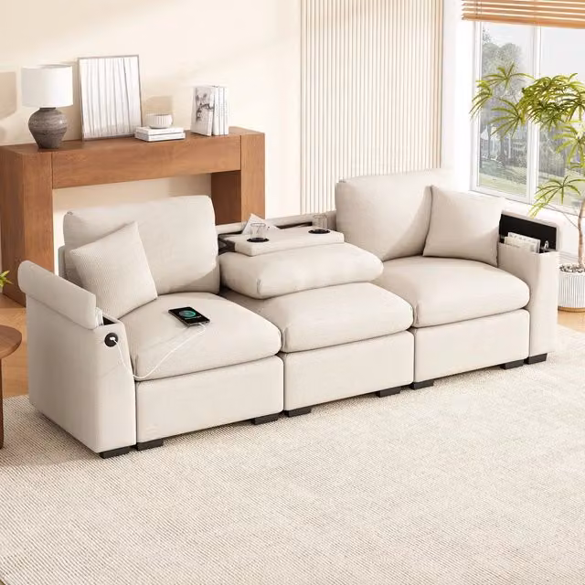 Divano 3 posti ¨C Minimal ¨C tessuto chenille con cuscini, porta bevande, vano contenitore, porta USB, tavolo pieghevole