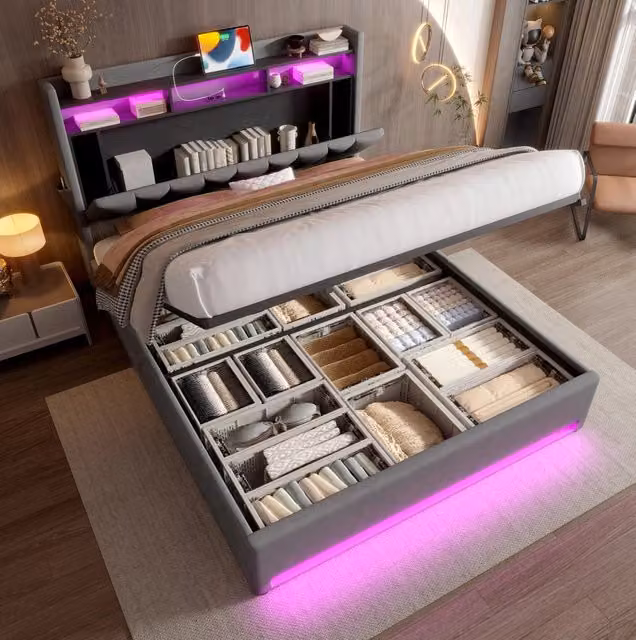 Letto imbottito con contenitore 140x200 cm; LED; USB e Type-C; velluto grigio scuro