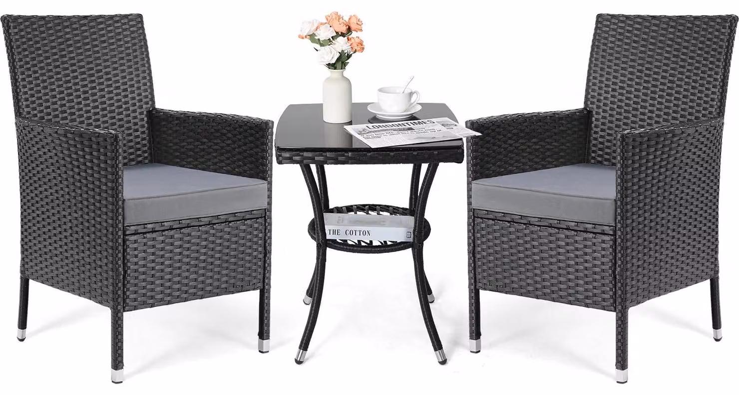 Set da salotto per esterno - Set da salotto per balcone - Arredamento da giardino - Set per esterni - Rattan in polietilene (PE) - Struttura in metallo - Piano del tavolo in vetro