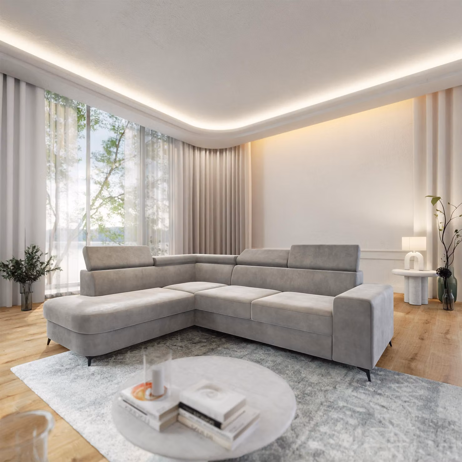 Divano ad angolo Masseno ALVORO L-S con funzione letto a L, divano con contenitore, divano da salotto, divano, divano letto, set divani - Grigio chiaro, MONOLITH 84