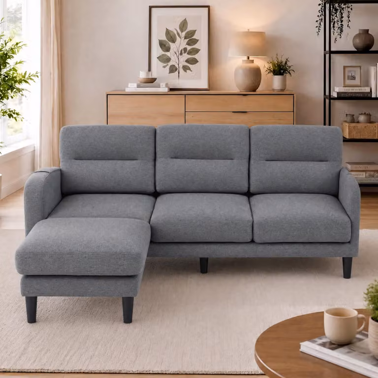 Divano ad angolo a forma di L, divano a 3 posti con chaise longue, piccolo divano ad angolo. Sul lato, è presente una tasca portaoggetti. Include 10 gambe per il divano