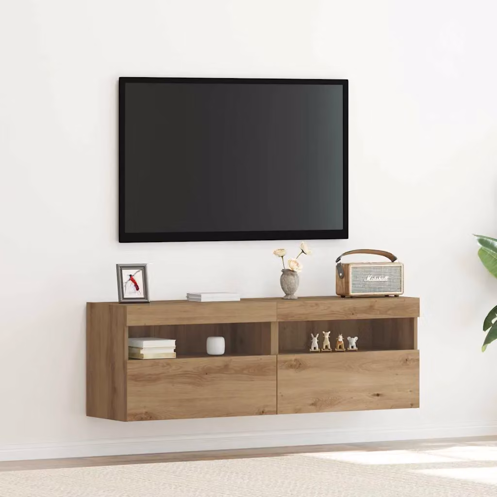 Set di 2 mobili TV da parete vidaXL in legno MDF color rovere artigianale con illuminazione integrata e scomparti multimediali, L: 60 cm, P: 40 cm, H: 30 cm