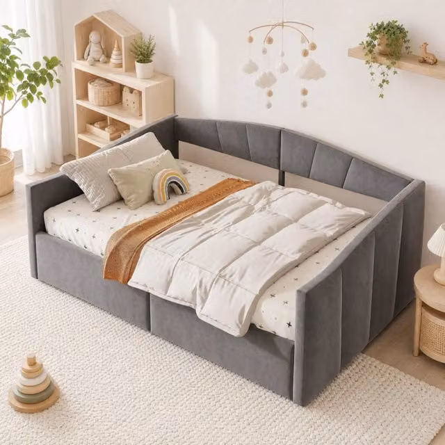Divano letto MIVRAY in velluto grigio con contenitore idraulico e rete a doghe L/P: 140 x 200 cm
