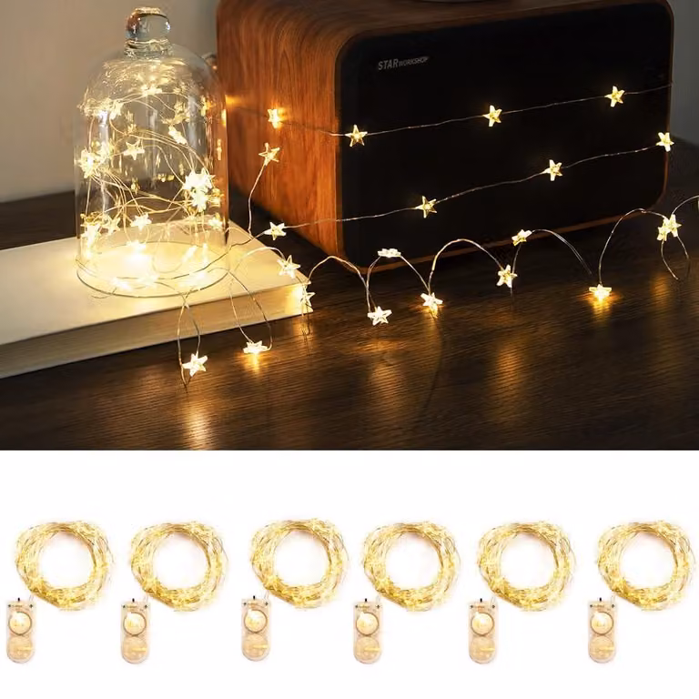 Catena luminosa a forma di stella, 2 metri, 20 LED, luce bianco caldo, confezione da 6, alimentazione a batteria