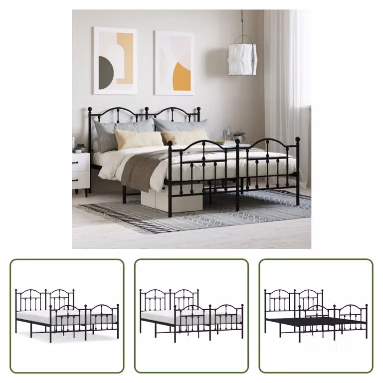 The Living Store Struttura letto con testiera e pediera in metallo nero 150x200 cm