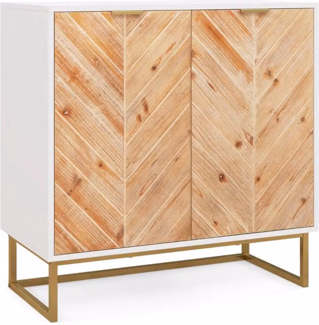 Credenza buffet moderna con ante e ripiano in legno di abete e dettagli in metallo, colore bianco, ideale per soggiorno, sala da pranzo o camera da letto