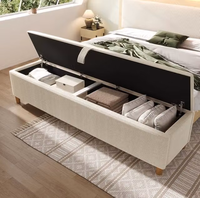 Panca contenitore MODFU in tessuto velluto beige con struttura in legno L: 165 cm, P: 38 cm, H: 46 cm
