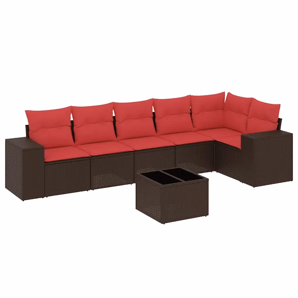 Set da giardino moderno vidaXL composto da 7 pezzi in polyrattan marrone con cuscini e tavolino da esterno – 2