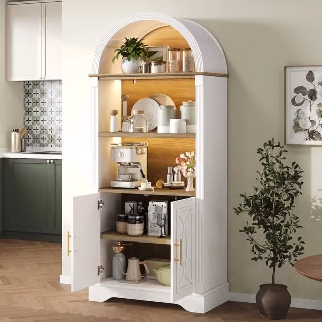 Mobile colonna da cucina con LED ripiano regolabile e 3 vani aperti in MDF bianco 76.2 × 40.1 × 180 cm