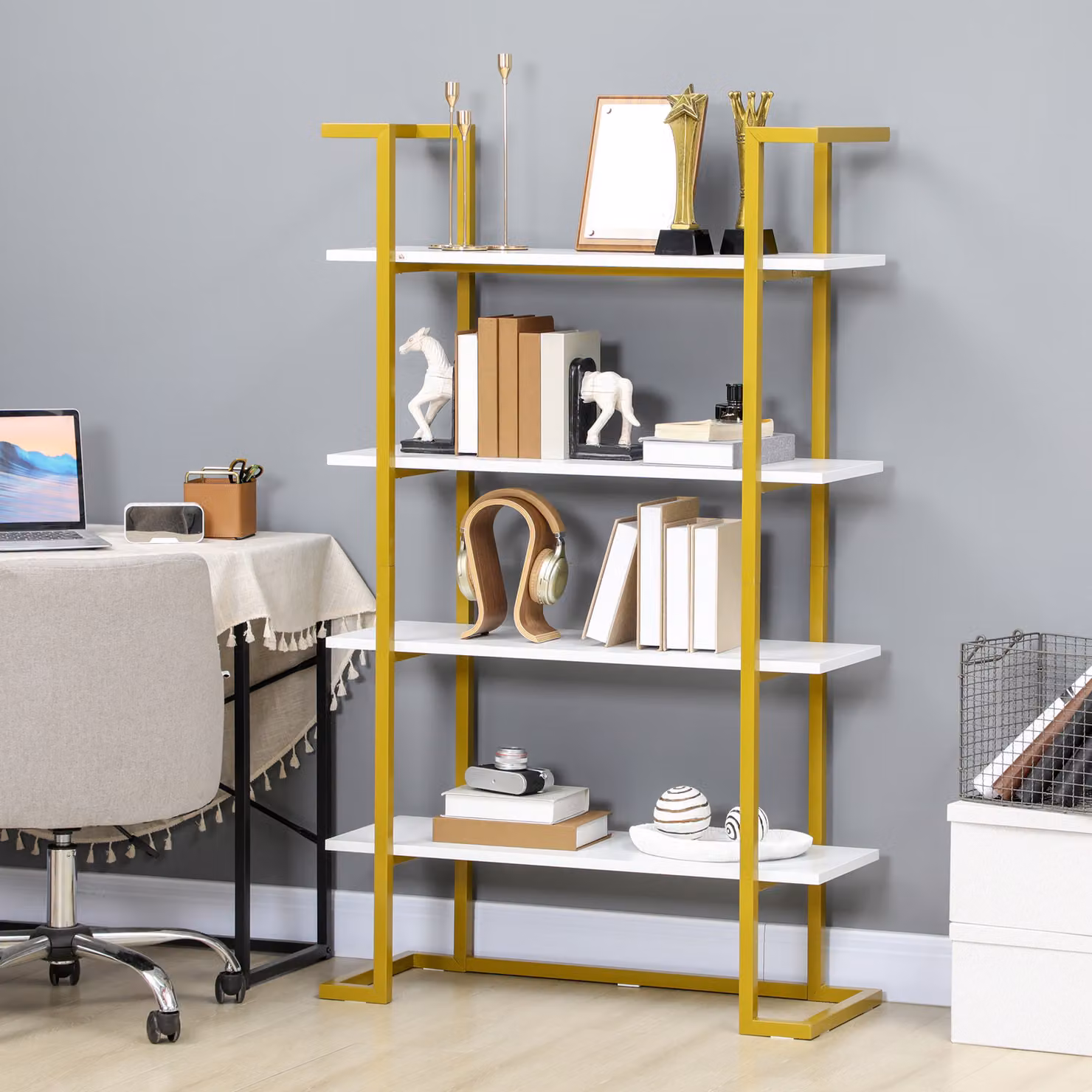 Scaffale Libreria HOMCOM a 4 Livelli in MDF e Metallo, Mobile con Base Rialzata, L 92 cm x P 35 cm x H 152 cm, Bianco e Oro – 2