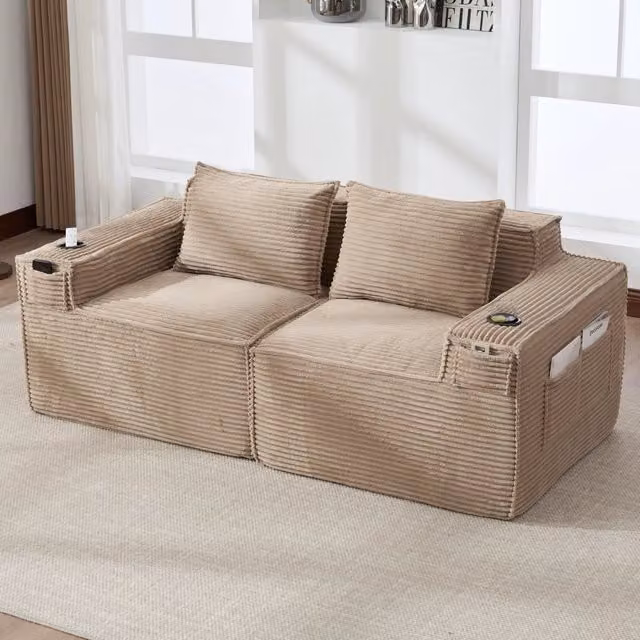 Divano modulare 188.0x90.0x75.0 cm con portabicchieri e tasche laterali in velluto a coste kaki