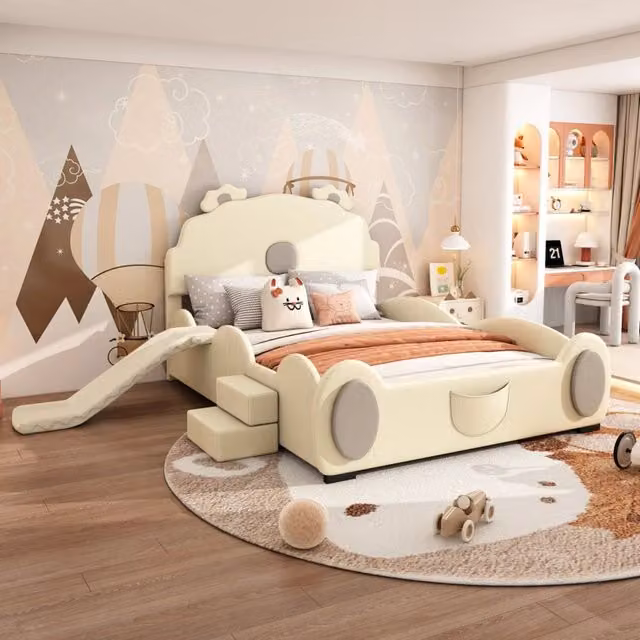 Letto per bambini REDOM con struttura a casetta, scivolo e scala, rivestimento in ecopelle beige, L/P/H: 200 x 140 x 110 cm