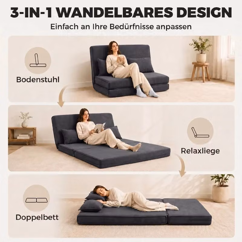Poltrona trasformabile 3 in 1 REDOM in velluto a coste grigio scuro con struttura in metallo L: 208 cm, P: 135 cm, H: 74 cm – 2