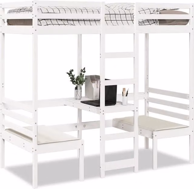 Giroletto Soppalco con Scrivania e Sedie-Struttura Letto Bianco 80x200cm Pino