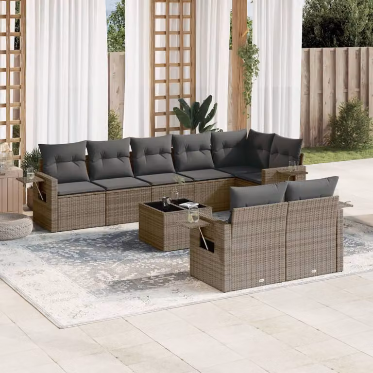 vidaXL Set Divano da Giardino 9 pz in Polyrattan Grigio con Cuscini e Tavolino