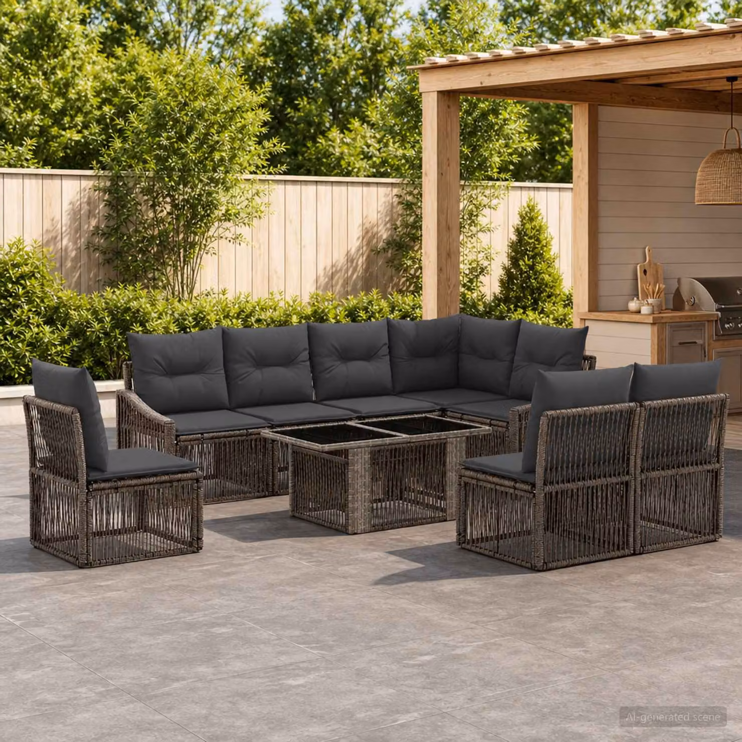 Set Divano da Giardino vidaXL in Polyrattan Grigio a Forma di U con Tavolino e Cuscini