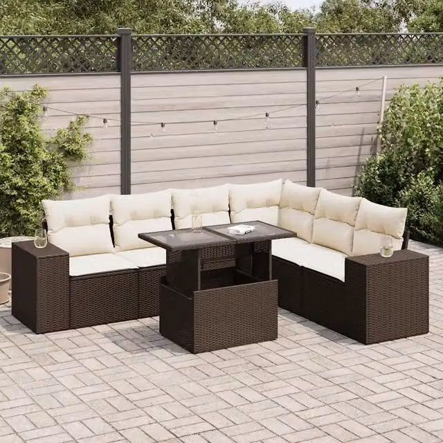 Set Divani da Giardino 7 pz con Cuscini Marrone in Polyrattan 3326814