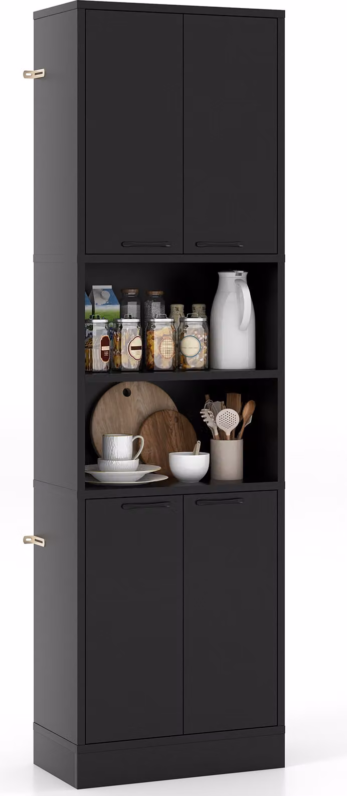 Armadio da cucina COSTWAY alto 190 cm, armadio alto con ante, ripiani, cerniere di sicurezza e protezione antiribaltamento, credenza indipendente (nero)