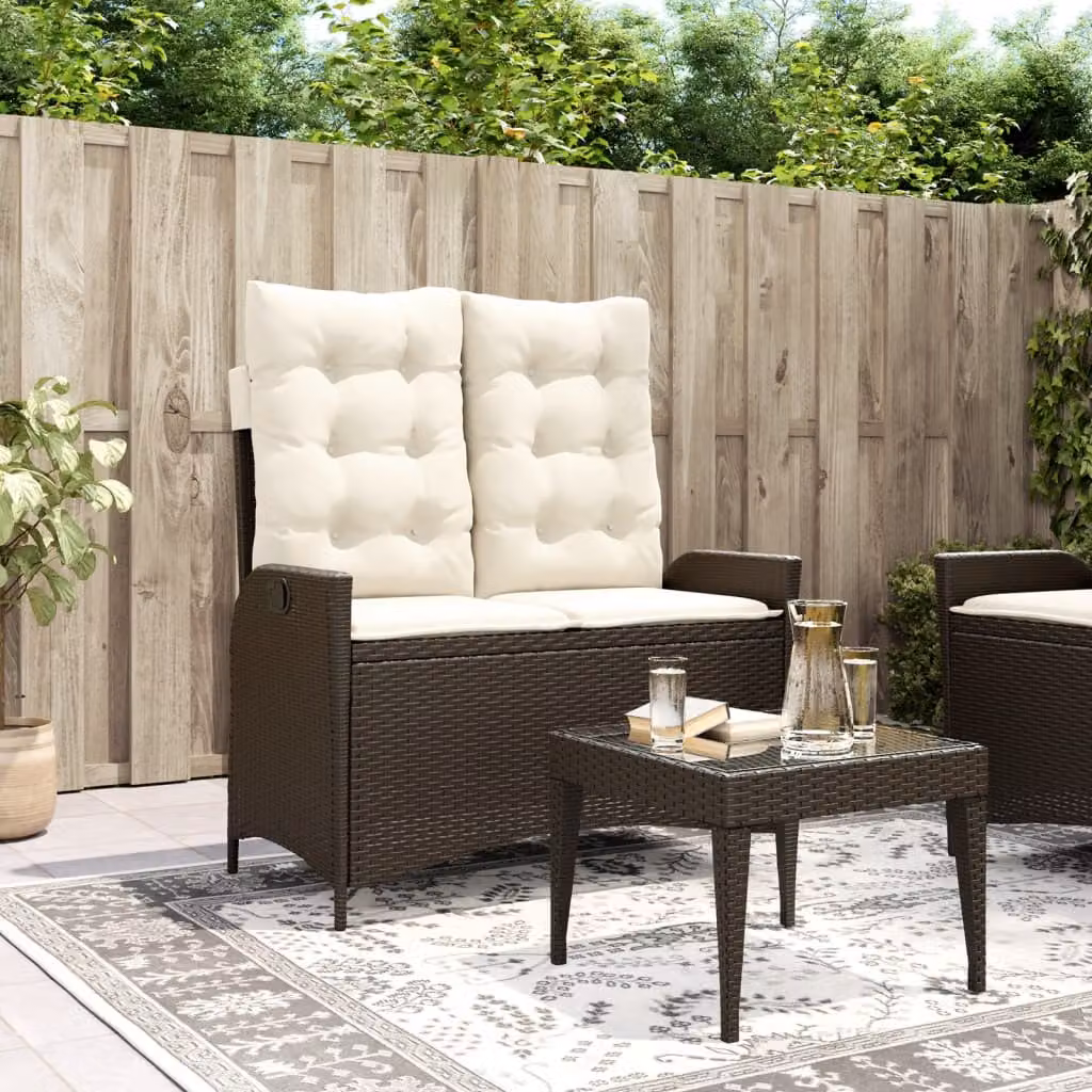 vidaXL Panca Reclinabile da Giardino in Polyrattan e Metallo con Cuscini Marrone e Bianco
