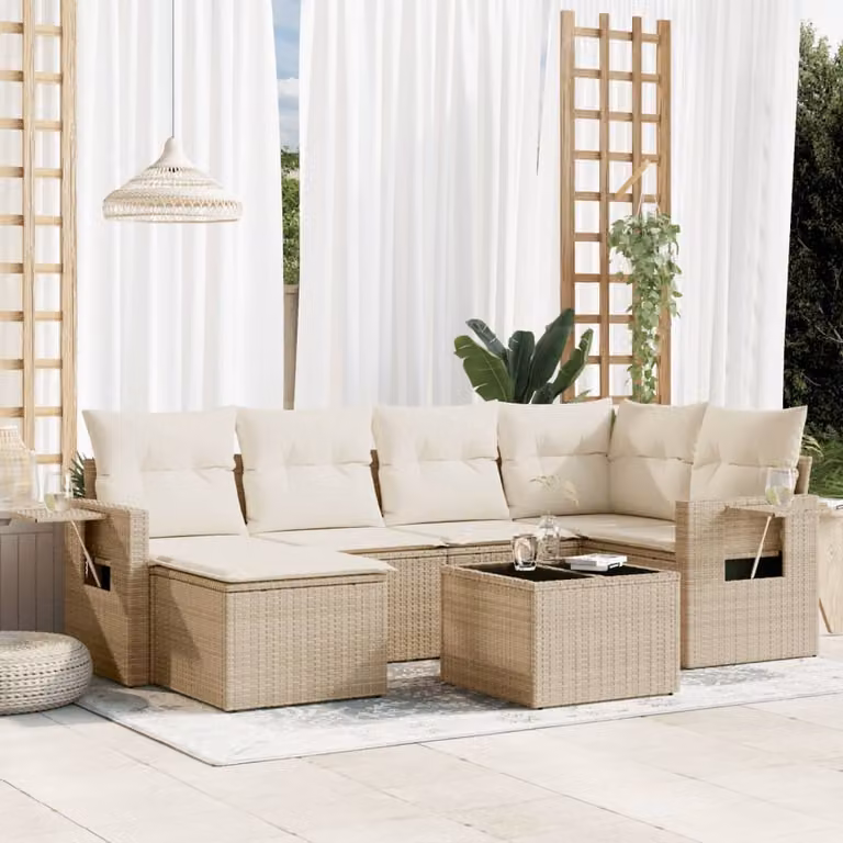 Set di divani da giardino vidaXL in 7 pezzi con cuscini beige in polyrattan e struttura in metallo