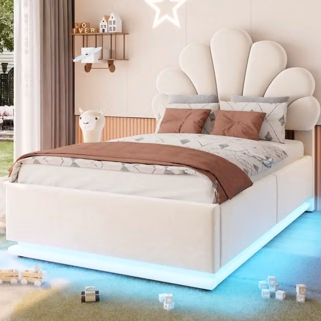 Letto contenitore 90x200 cm per bambini con contenitore idraulico; testiera a fiore; LED; velluto; beige