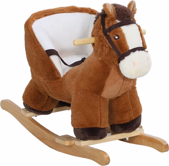AIYAPLAY Cavallo a Dondolo per Bambini con Suoni, Base in Legno e Cintura di Sicurezza, Marrone