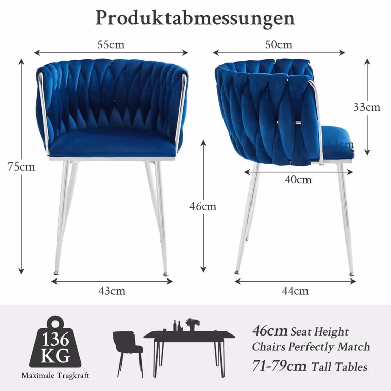 Sgabello da bar OKWISH moderno in velluto blu con struttura in metallo lucido