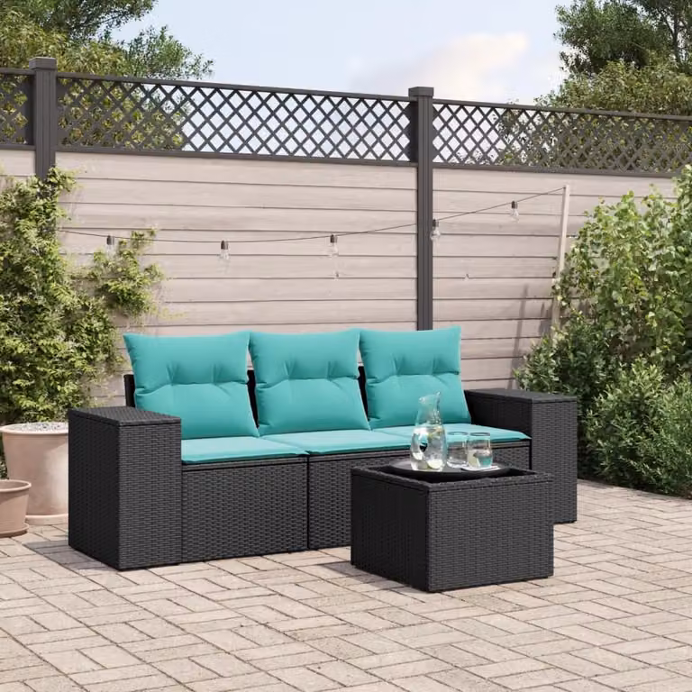 Set da giardino vidaXL in polyrattan nero composto da 4 pezzi con cuscini e tavolino