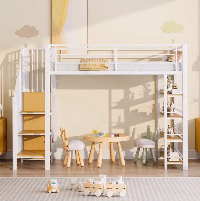 Letto a soppalco 90x200 cm in metallo bianco con scala; guardaroba e ripiani