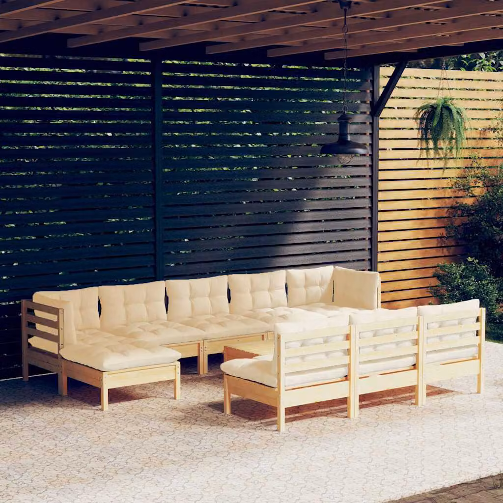 Set di divani da giardino vidaXL in legno massello di pino con cuscini beige, design moderno a forma di L con elementi angolari e pouf, 11 pezzi