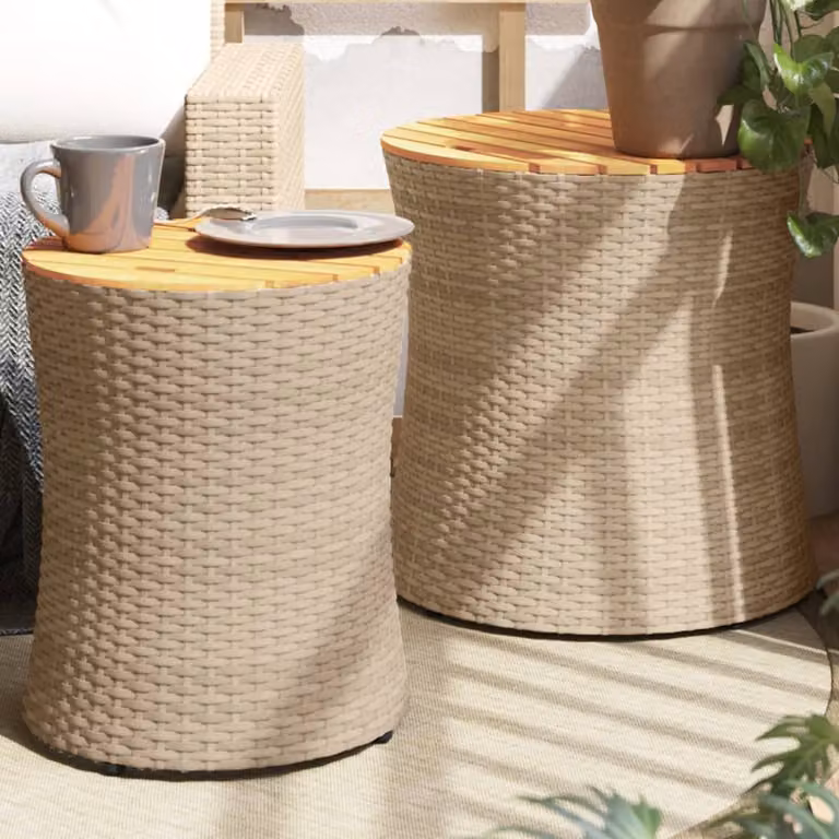 Set di 2 tavolini da giardino vidaXL in polyrattan con piano in legno di acacia oliato, colore beige e marrone