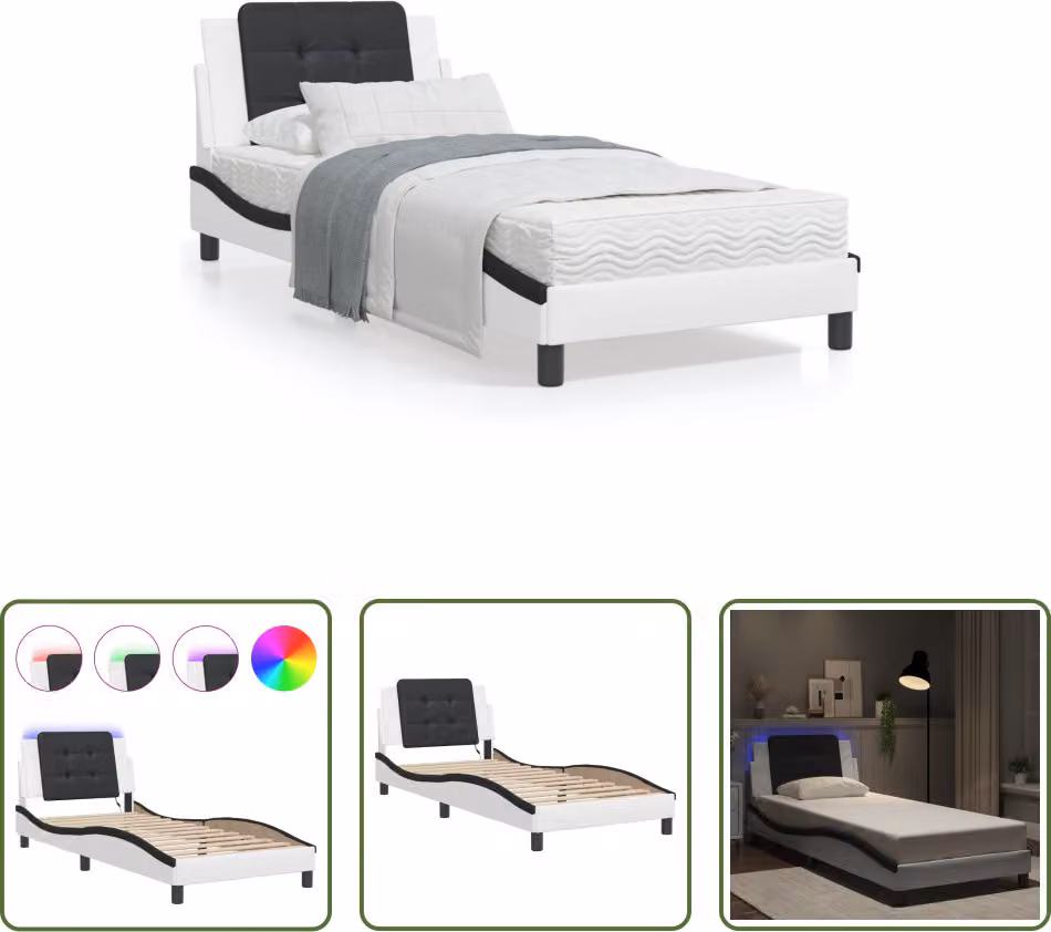 The Living Store Struttura letto con LED bianco e nero 90x200 cm in ecopelle