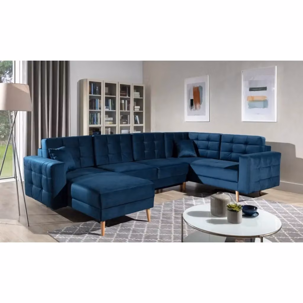 Divano angolare panoramico convertibile HASGARD MEUBLORAMA in velluto blu petrolio L: 326 cm, P: 202 cm – 2