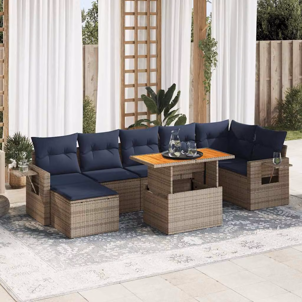 Set Divano da Giardino a L vidaXL 8 pz in Polyrattan Grigio con Cuscini e Tavolino