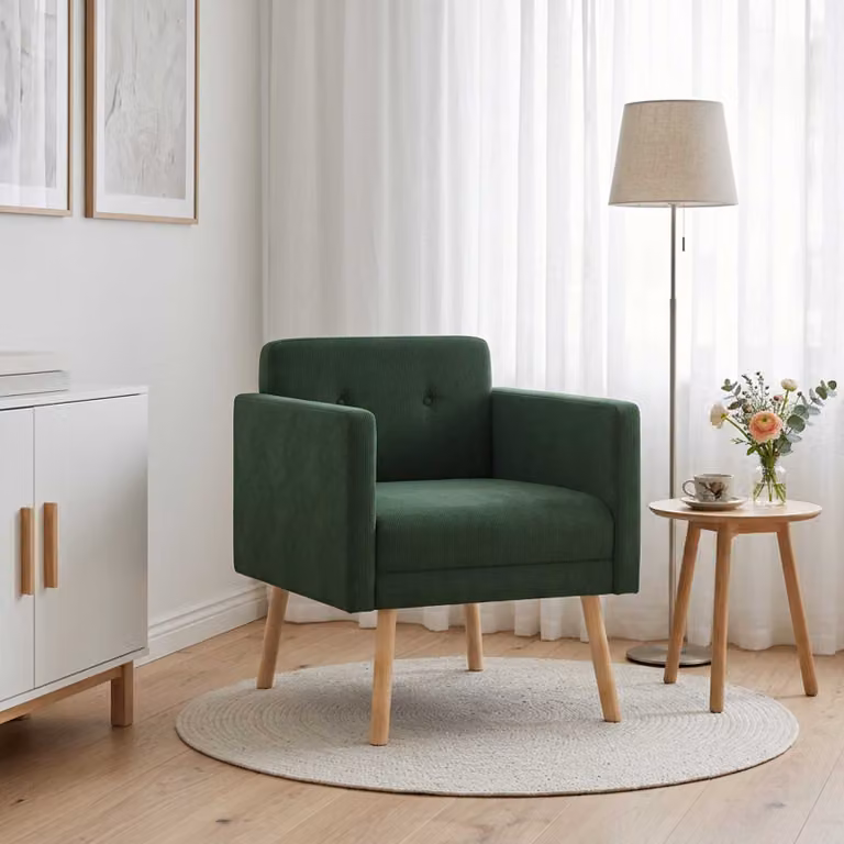 Sedia d'accento moderna vidaXL in velluto a coste verde con braccioli e struttura in legno