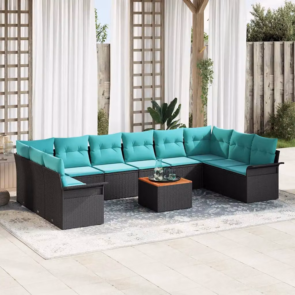 Set Divano da Giardino vidaXL 11 Pezzi a Forma di U con Tavolino, Nero e Turchese