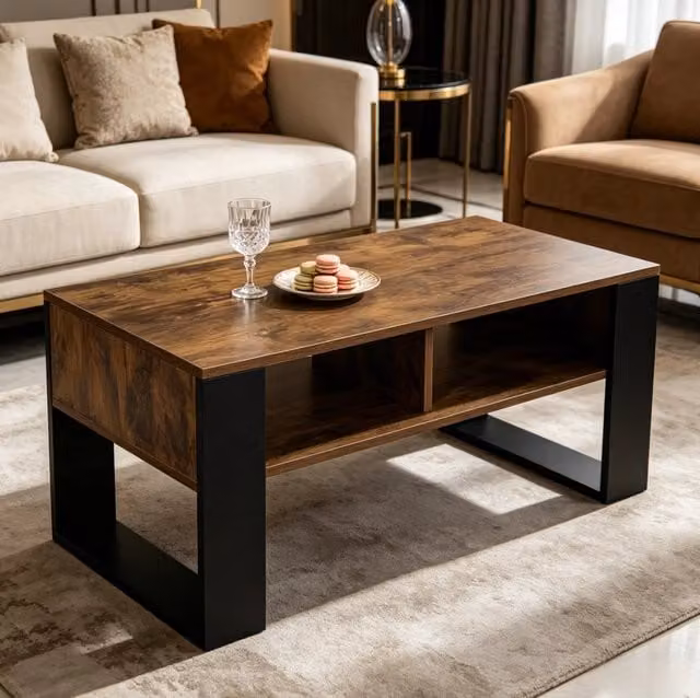 Tavolino da salotto 90 x 45 x 45 cm con 2 vani aperti, nero e marrone rustico