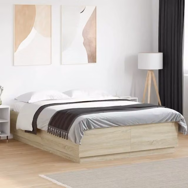 Letto con Luci LED e Porta USB vidaXL in Legno Rovere Sonoma, L 120 x P 200 cm – 1
