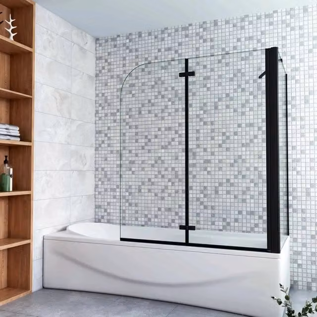 Parete Doccia 120xH.140cm Sopravasca Angolare 2 Ante Pieghevoli con Parete Laterale 75cm Vetro Temperato 6 mm Trasparente Anticalcare Nero Opaco