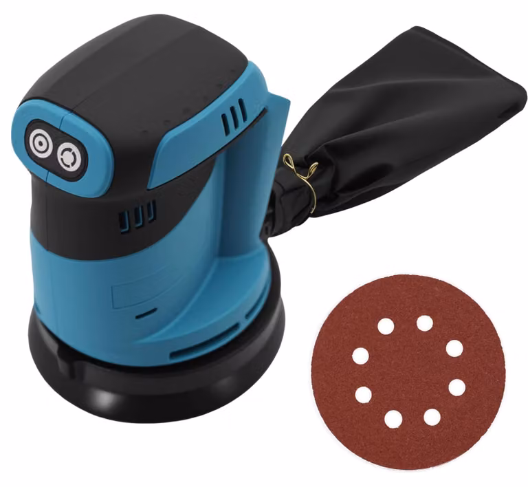 Levigatrice orbitale a batteria da 125 mm, con velocità variabile da 7.000 a 11.000 giri al minuto, dotata di sacco per la polvere, colore blu/nero
