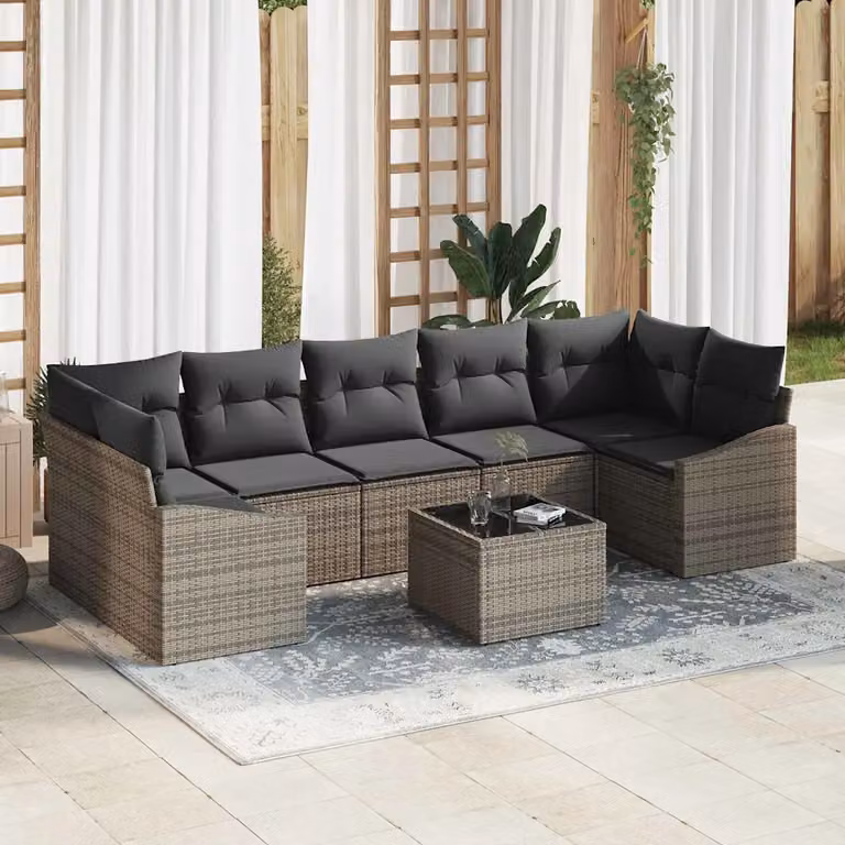 Set di divani da giardino vidaXL 8 pezzi in rattan grigio con cuscini e tavolino da esterno