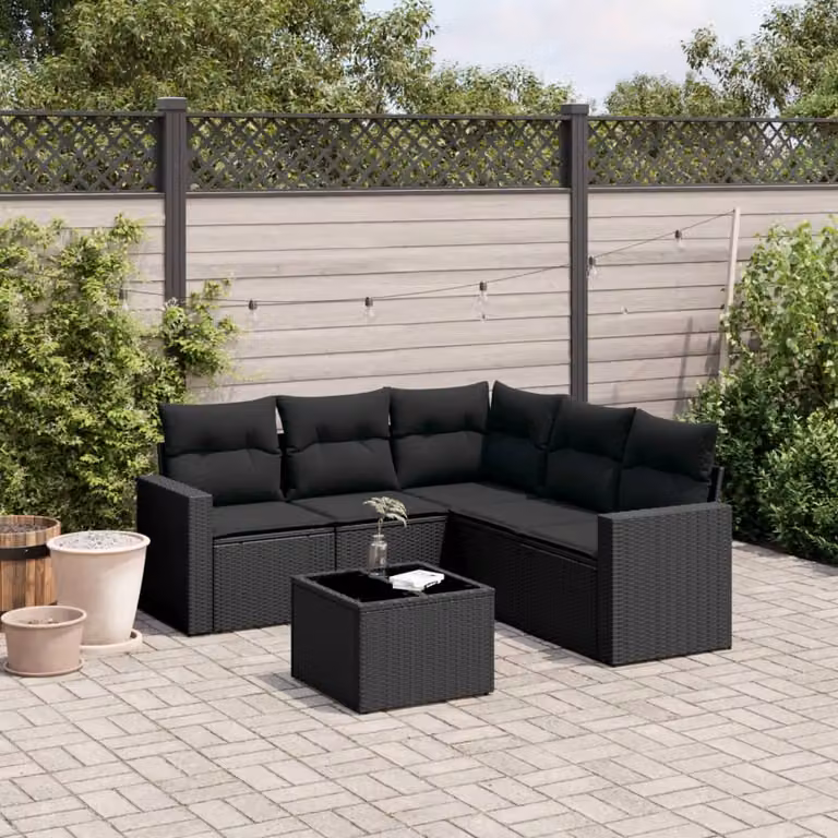 Set Divano da Giardino vidaXL 6 pz in Polyrattan Nero con Cuscini e Tavolino