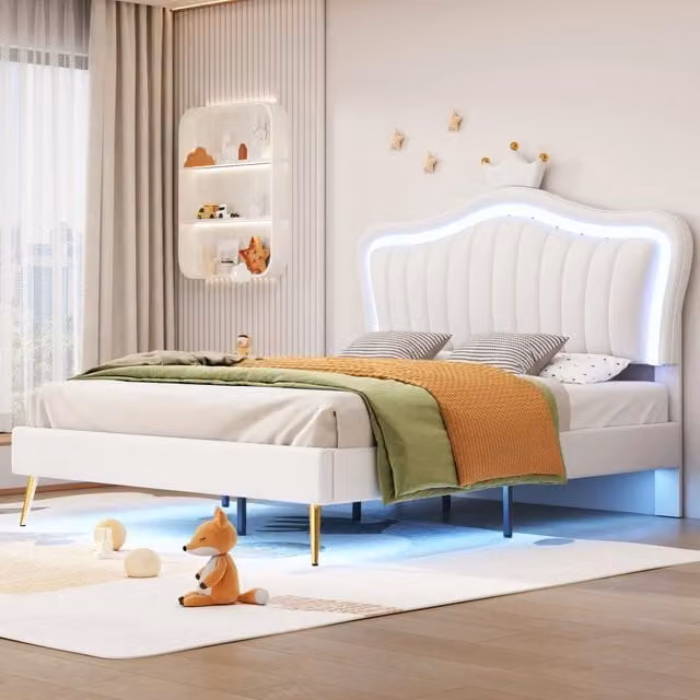 Letto per bambini imbottito 140 × 200 cm con LED e rete a doghe in similpelle bianca con testiera regolabile