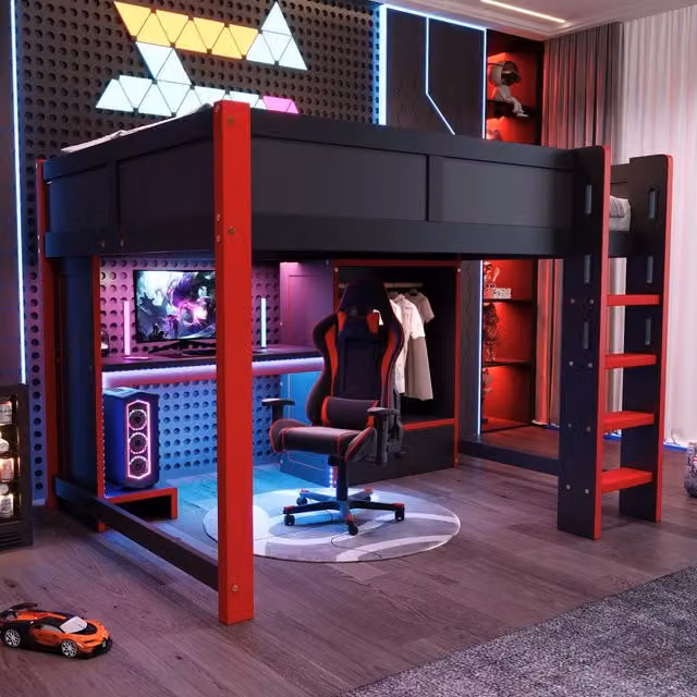 Letto a soppalco 140 × 200 cm con LED RGB, scrivania da gioco, armadio, ripiani e scala, senza materasso, nero rosso