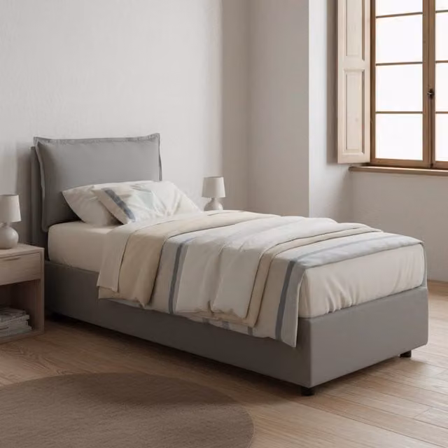 Letto singolo contenitore Talamo Italia con rivestimento in tessuto grigio, apertura a sollevamento, adatto per materasso 80x190 cm