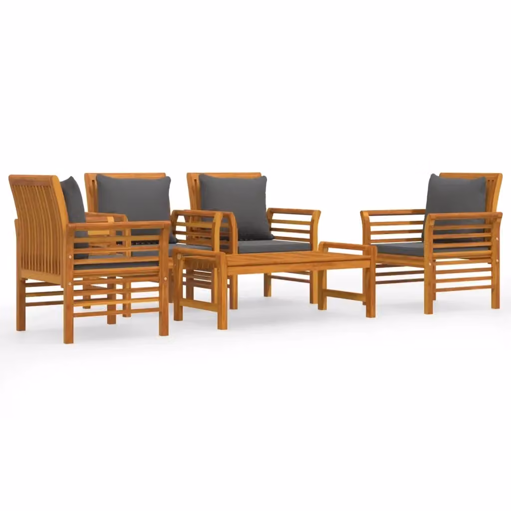 vidaXL Set Salotto da Giardino 5 pz in Legno di Acacia con Cuscini in Tessuto Grigio e Marrone – 2