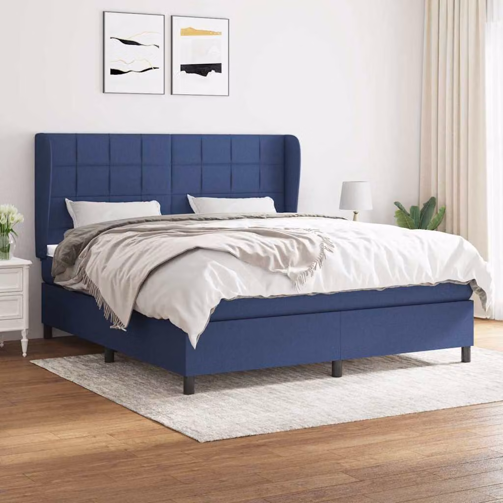vidaXL Giroletto a Molle con Materasso Ibrido in Tessuto Blu e Bianco L/P: 180 x 200 cm – 1