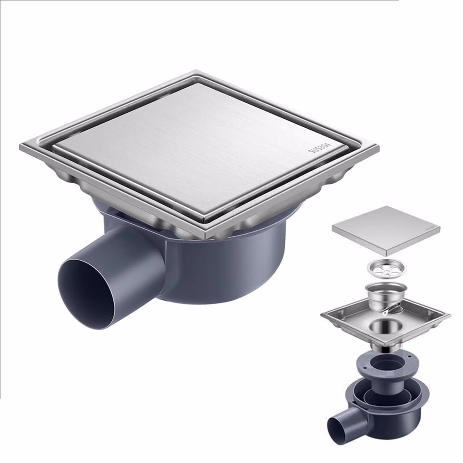 Scarico quadrato per doccia con sifone a 360° e filtro anti-odori