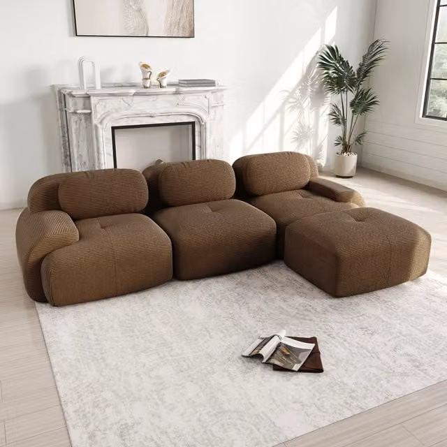 Divano angolare modulare 3 posti in velluto a coste, 298 x 178 x 70 cm, marrone, senza struttura, ergonomico pet friendly