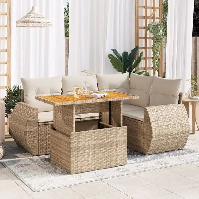 Set Divano da Giardino a L vidaXL in Polyrattan con Cuscini Beige e Tavolino da Caffè